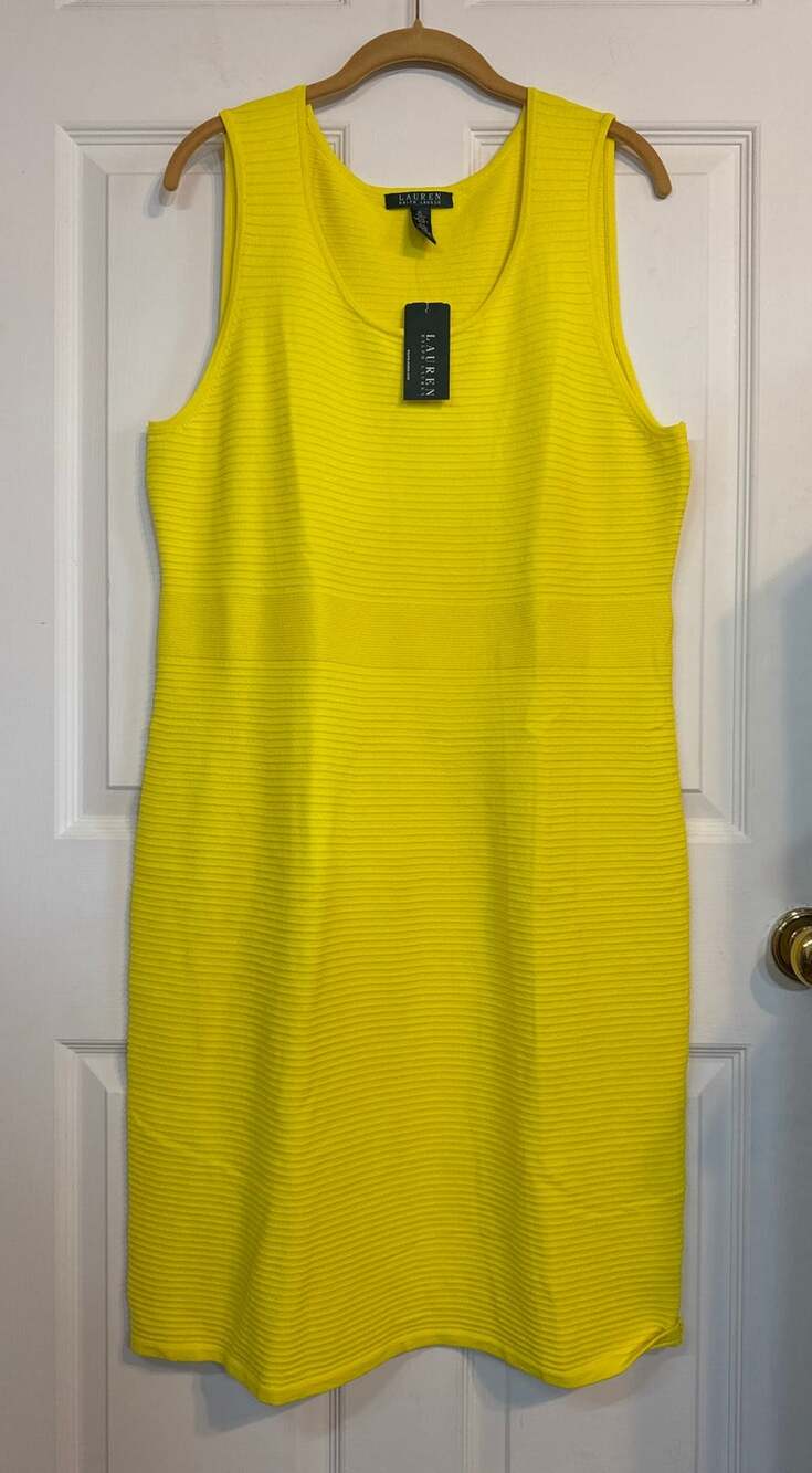 Lauren Ralph Lauren Yellow Horizontal Ribbed Knit Sleeveless Tank Dress XL NWT